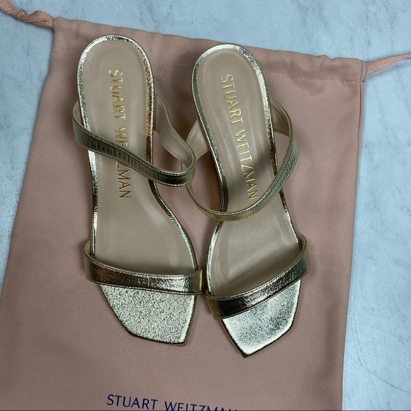 Stuart Weitzman: Aleena Gold Metallic Slip On Heeled Sandals Shoes Size 6 (NWOT) - Picture 3 of 7